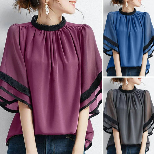 Fashion Summer Shirt O Neck Short Flare Sleeve Work Tops Tunic Loose Chemise Mujer