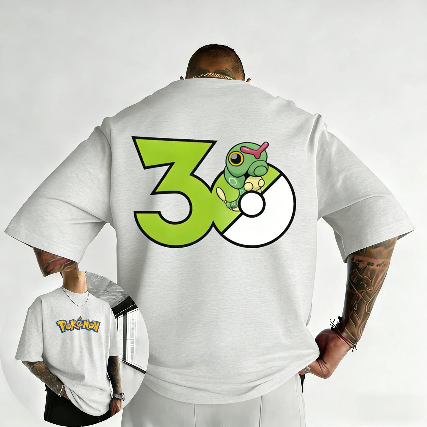 30th Anniversary Caterpie Printed T-shirt Summer New Men's and Women's Loose Casual Hip Hop Trendy Short Sleeve Top