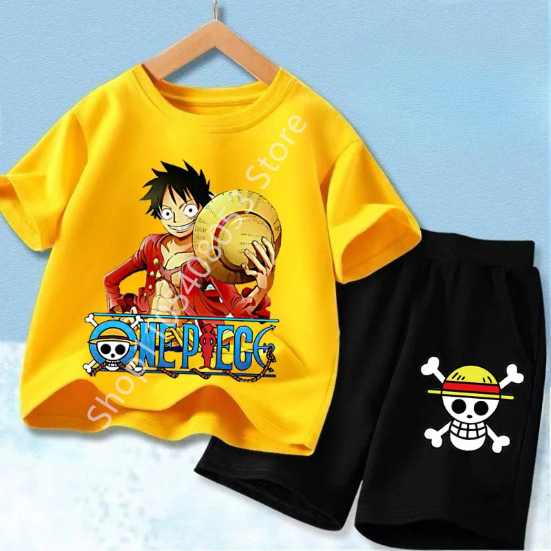 Summer Short Sleeve Clothes Set Anime Boy Girl T Shirt Shorts 2pcs One Piece Kids Outfit Chopper Luffy Tracksuit Suit Children