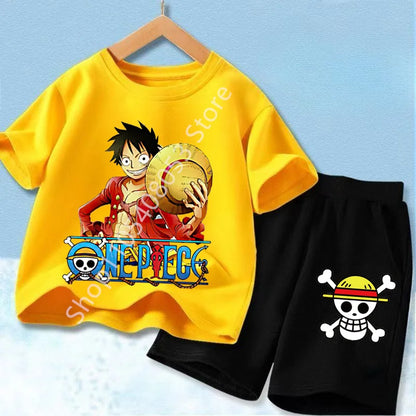 Summer Short Sleeve Clothes Set Anime Boy Girl T Shirt Shorts 2pcs One Piece Kids Outfit Chopper Luffy Tracksuit Suit Children