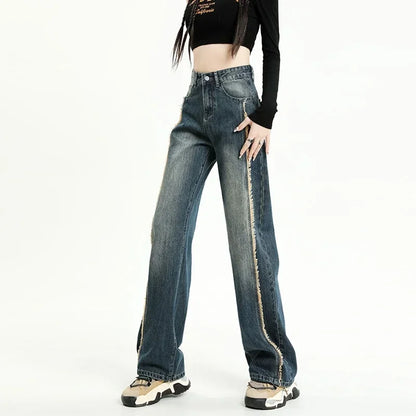 Cotton Wide-leg Women's Baggy Jeans High Waist Distressed
