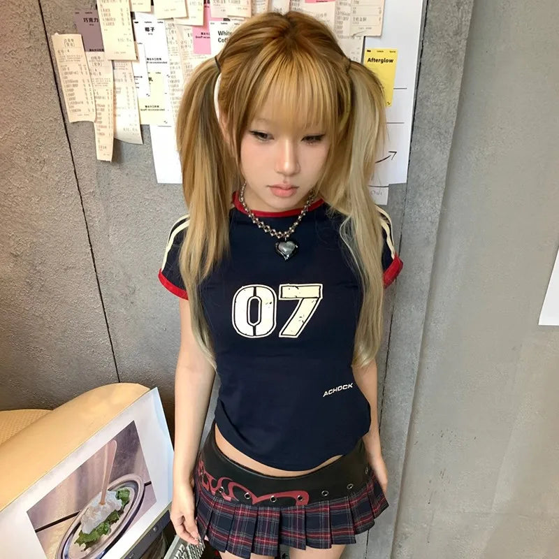 Japanese Y2k T Shirt Vintage Harajuku Short Sleeve Patchwork Tops American Retro Jersey T-shirt 2000s Grunge Aesthetics