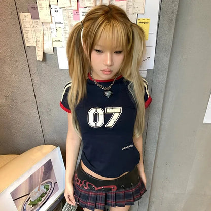 Japanese Y2k T Shirt Vintage Harajuku Short Sleeve Patchwork Tops American Retro Jersey T-shirt 2000s Grunge Aesthetics