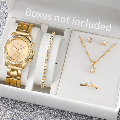 6PCS/Set Fashion Rhinestone Women Watches Analog Quartz Wrist Watch Jewelry Set Reloj Mujer（Without Box）