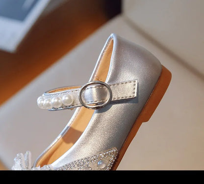 Size 23-34 Silver Bow Cute Princess Flat Shoes for Teenage Girls Casual Low Vamp Student Performance Dance Shoes