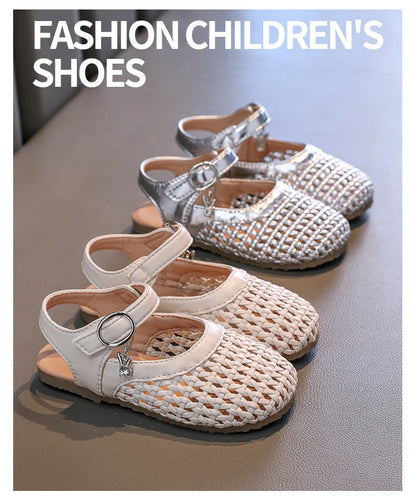 2026 Summer New Girls Woven Princess Shoes Cute Soft Sole Closed Toe Sandals Korean Style Kids Beach Shoes