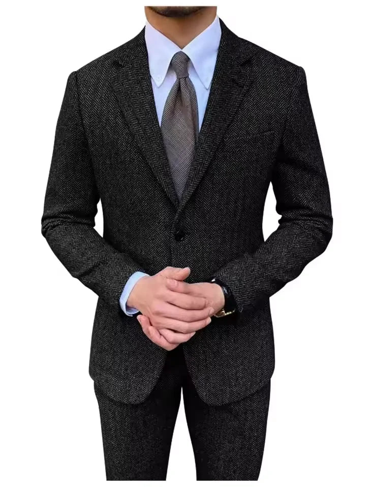 Retro British Men Suit 2 pieces (Blazer+ Vest + Pants)Single Breasted Suit Jacket Formal Fashion Herringbone Wedding Business