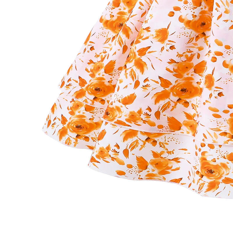 Girls 8-12 Orange Floral Summer Casual Dress, Front Spaghetti Strap Bow Decor Ruched Waist & Tiered Skirt, Daily Kids Outfit