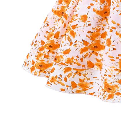 Girls 8-12 Orange Floral Summer Casual Dress, Front Spaghetti Strap Bow Decor Ruched Waist & Tiered Skirt, Daily Kids Outfit