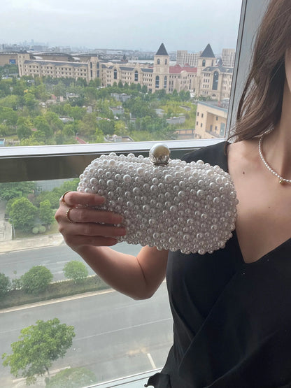 Fashion Elegant Women White Beige Luxury Special Crystals Beaded Pearl Evening Clutch Bags Wedding Party Handbag Beaded