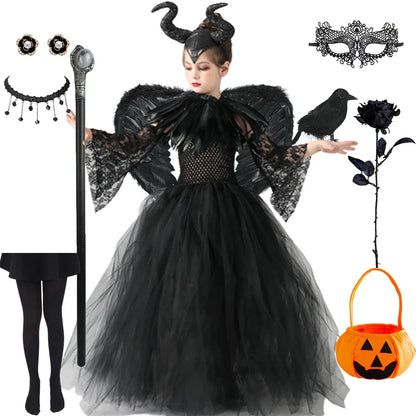 Halloween Maleficent Costume for Girls Evil Queen Dress Up Costumes Witch Devil Black Mesh Princess Dress Cosplay