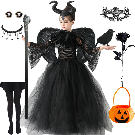 Halloween Maleficent Costume for Girls Evil Queen Dress Up Costumes Witch Devil Black Mesh Princess Dress Cosplay