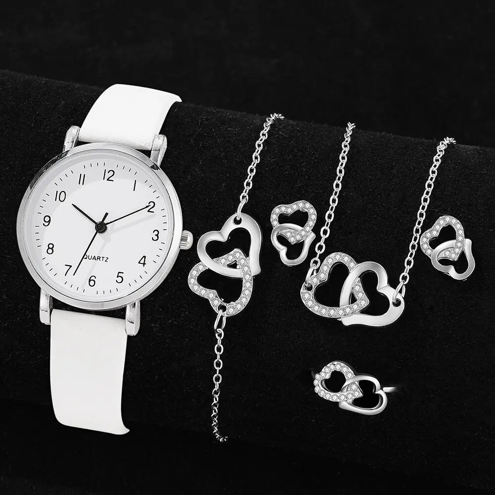 7pcs Women's Watch Fashion Casual Round Pointer Quartz Watch and Necklace Bracelet Ring Earring Set