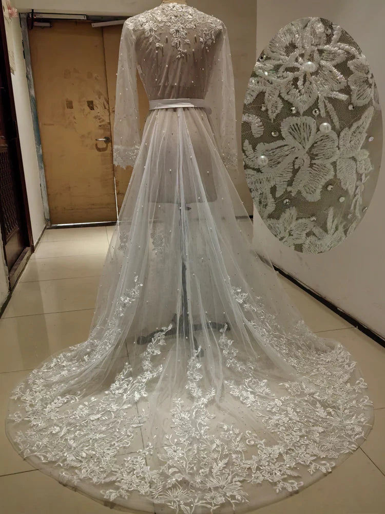 Pearls Appliques Long Sleeve Wedding Robe Jacket Robe Party Shawl BOLERO Bridal Cape Crystal Beaded Long Wedding Coat Customized