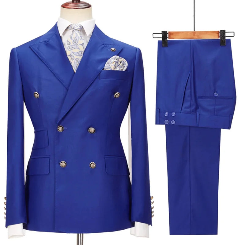 Men Suit 2 Pieces Beige Double Breasted Solid Color For Business Casual Wedding Groom Banquet Work Tuxedo Set Jacket With Pants