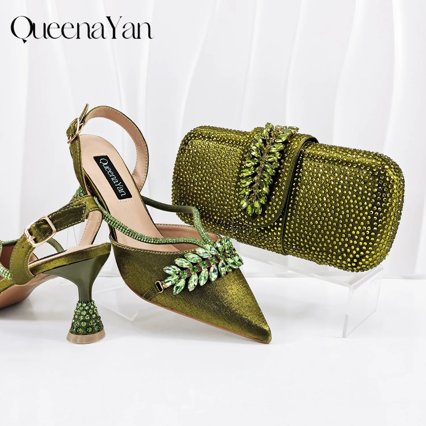 New Arrival Fashionable Olive Color Diamond Decorative Party Wedding Pointed Toe Women's High Heels and Bag Set