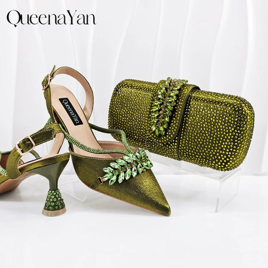 New Arrival Fashionable Olive Color Diamond Decorative Party Wedding Pointed Toe Women's High Heels and Bag Set