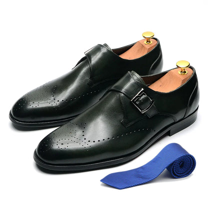 Elegant Men's Monk Strap Dress Shoes Genuine Leather Single Buckle Green Black Loafer Brogue for Party Wedding Formal Occasions