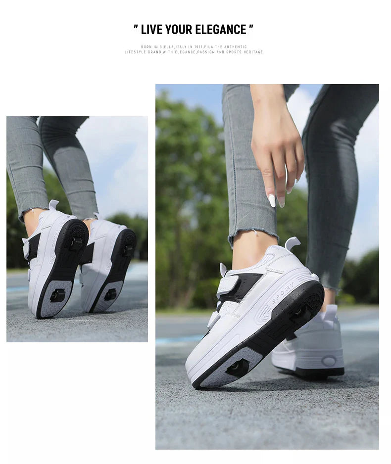 Autumn 2025 Kids Walking Shoes Detachable Double Wheel Roller Skates Boy Leather Student Shoe Four Wheeled Children Shoes Girl