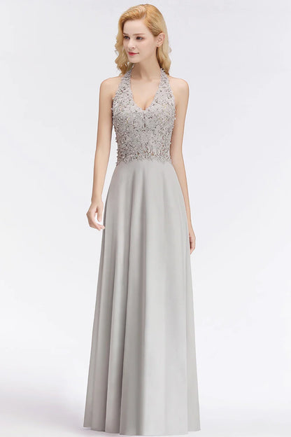 BABYONLINE V-Neckline Lace Pearls Beadings Stones Bodice Prom Dress Sexy Open Back Chiffon A-line Skirt Formal Formal Ball Gown