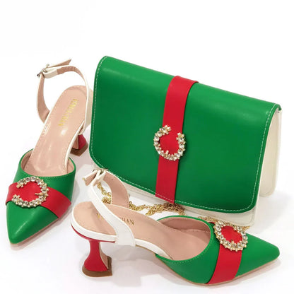 Italian Design Leather Colorblock Pointed Toe High Heel Women's Sandals Fashion Everyday Matching Shoes and Bag Sets