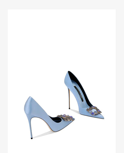 2026 Spring and Autumn New Women's Blue High Heels Pointed Thin Heel Rhinestone Square Buckle Dress Fashion Women's Shoes