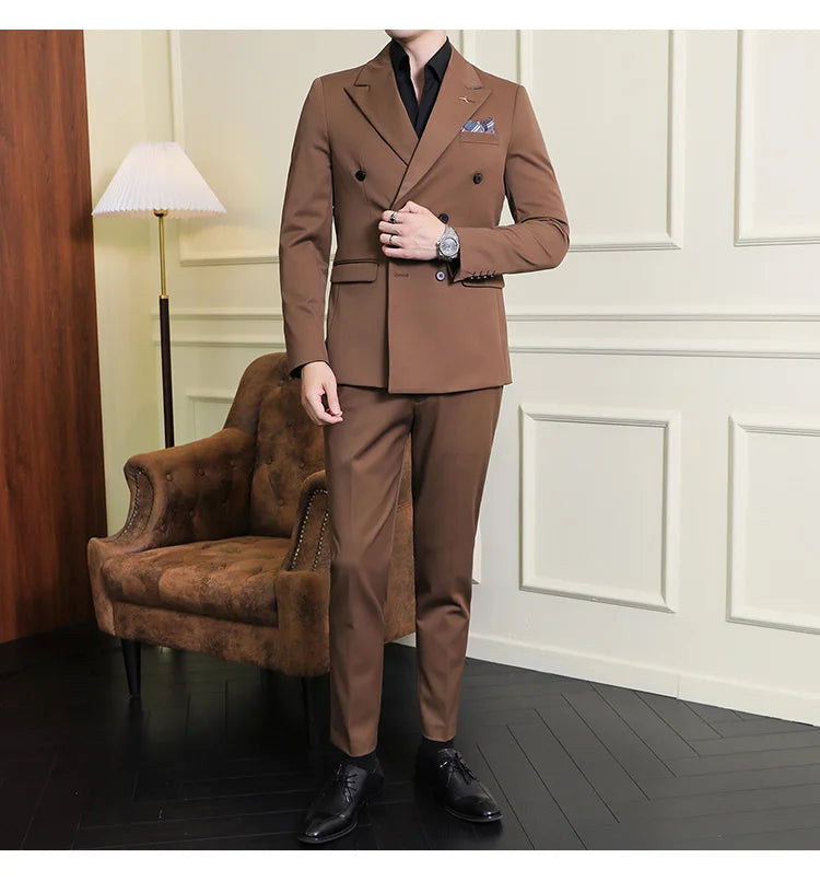 ( Blazers + Pants ) Boutique Fashion Solid Color Double-breasted Men's Casual Business Slim Suit 2-piece Set Groom Wedding Dress