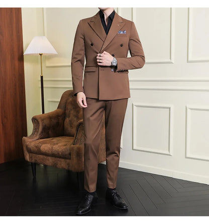 ( Blazers + Pants ) Boutique Fashion Solid Color Double-breasted Men's Casual Business Slim Suit 2-piece Set Groom Wedding Dress