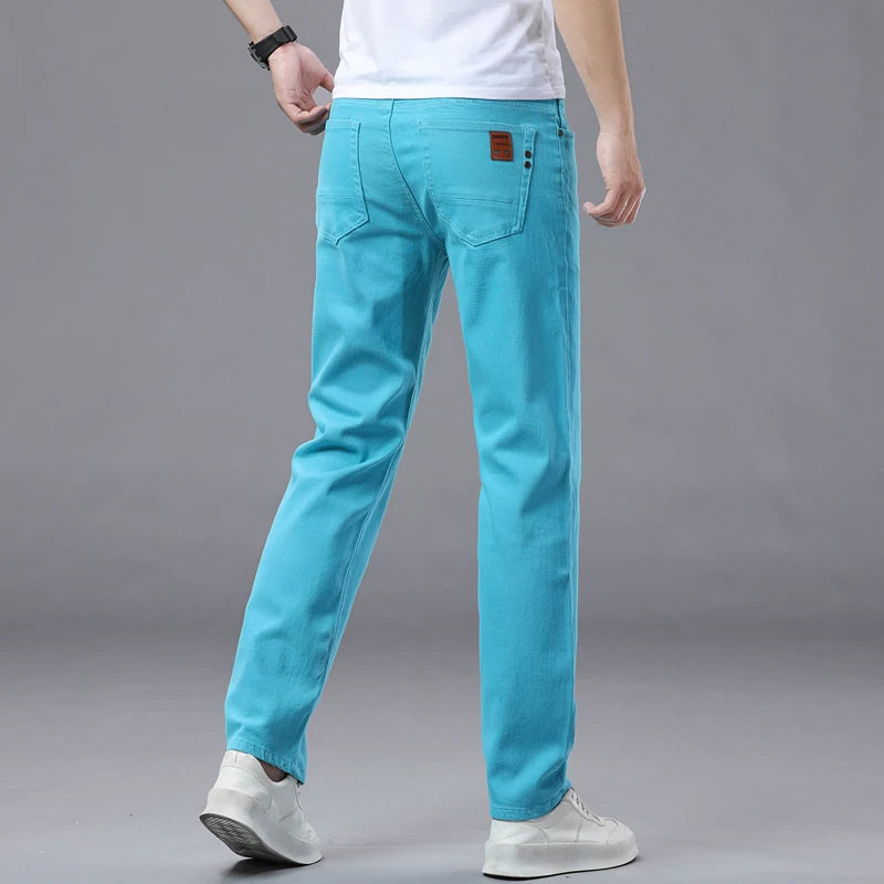 Calça Jeans Masculina Slim Elástica Colorida Estilo Coreano Primavera Outono Macia Confortável Casual Reta Denim Streetwear