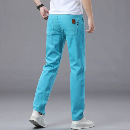 Calça Jeans Masculina Slim Elástica Colorida Estilo Coreano Primavera Outono Macia Confortável Casual Reta Denim Streetwear