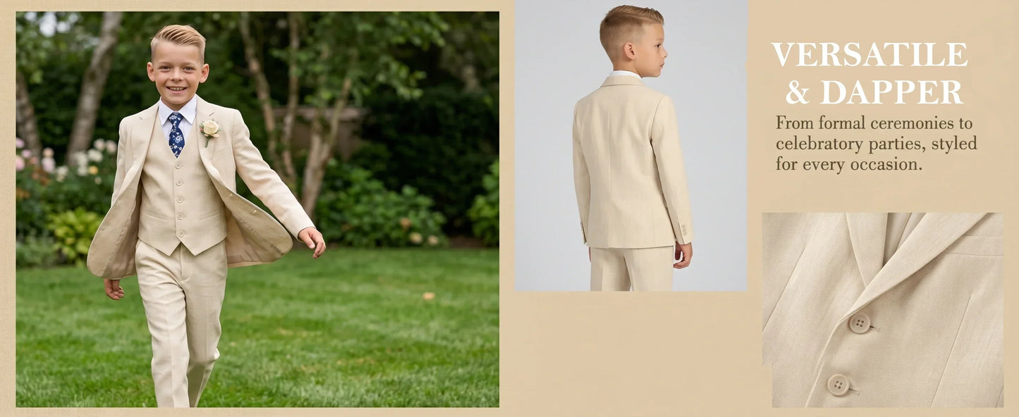 Four Pieces Linen Suit Set for Children 3-14 Years Old, Summer Beach Wedding Guest Tuxedo Jacket Vest Pants Tie Luxury Set
