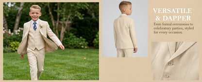 Four Pieces Linen Suit Set for Children 3-14 Years Old, Summer Beach Wedding Guest Tuxedo Jacket Vest Pants Tie Luxury Set