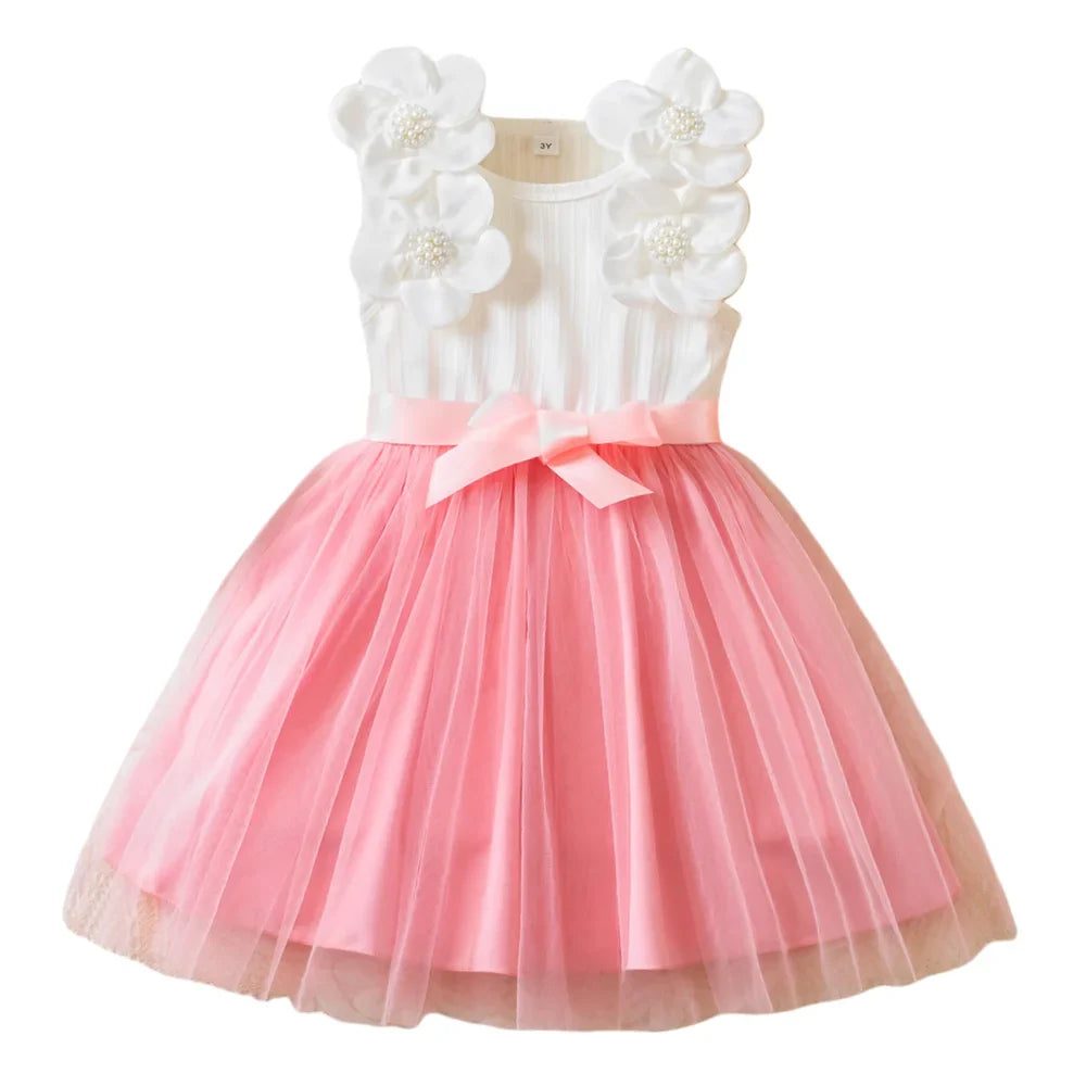 Girls Elegant Tulle Princess Dress Floral Decor Kids Vest Mesh Dress Children 2026 Summer Fanshion Clothing