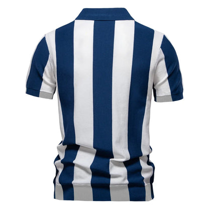 2025 New Summer Men's Breathable Striped Contrast Panel Polo Shirt - Casual Short Sleeve Knit Shirt with Comfort Fit