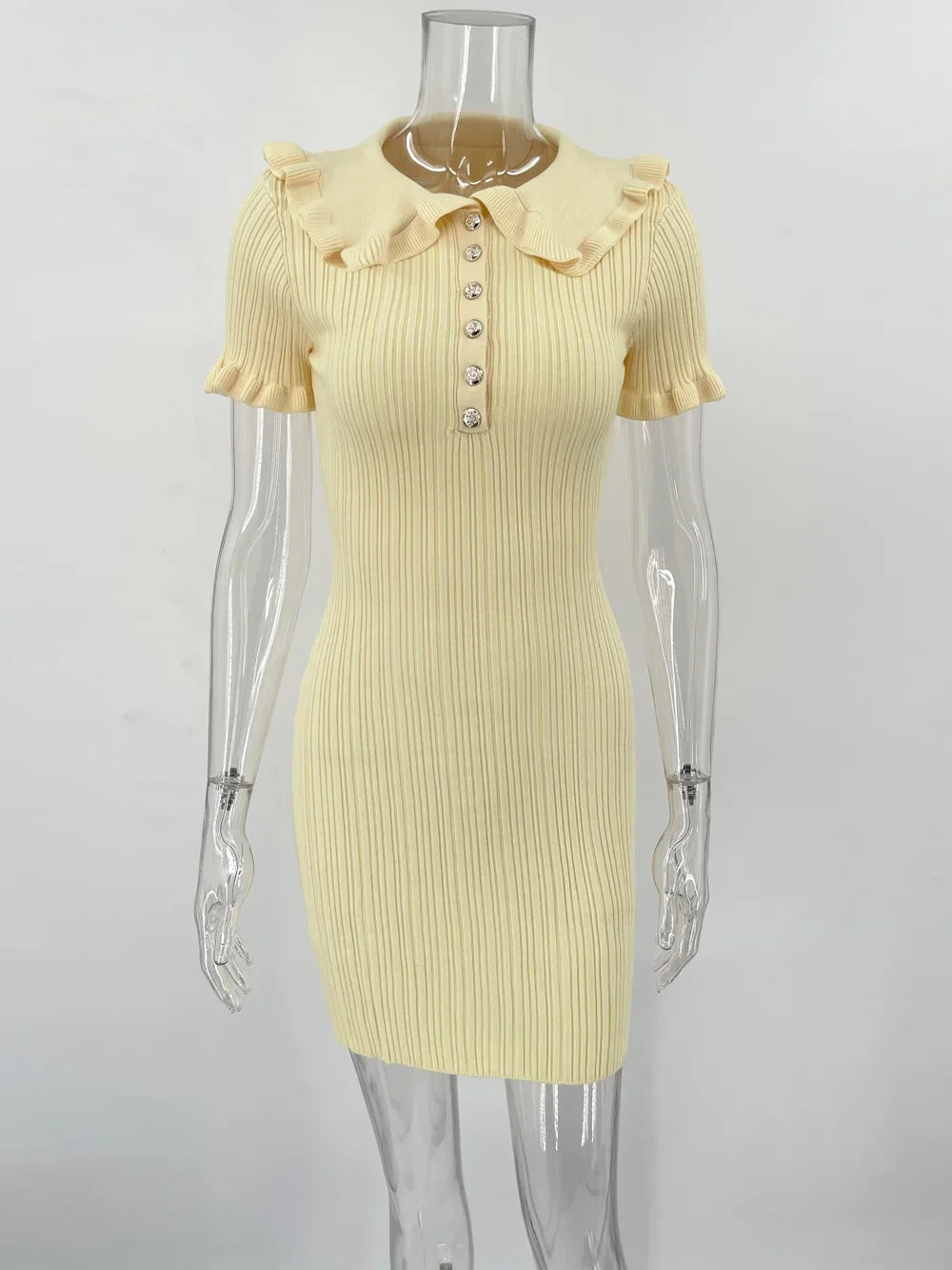 Ruffled Knitted Mini Dresses For Women High Waist Summer 2025 New Short Sleeve Dress Bodycon Female Retro Elegant Dress
