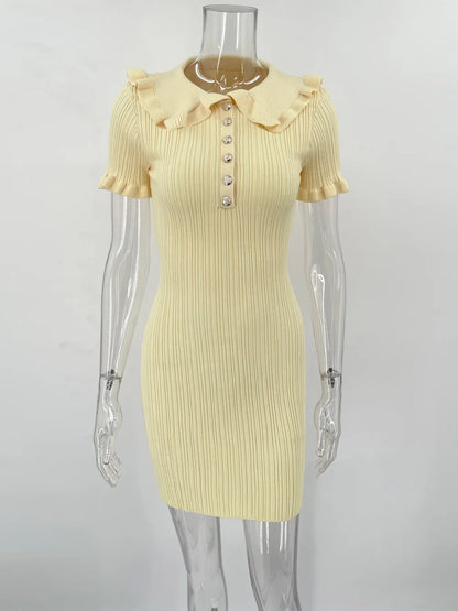 Ruffled Knitted Mini Dresses For Women High Waist Summer 2025 New Short Sleeve Dress Bodycon Female Retro Elegant Dress
