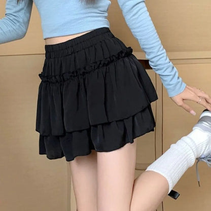 Chic Sweet Style Pleated A-Line Skirt Elegant Versatile Tiered Skirt Basic Cut High Waist Elastic Waist Skirt Summer