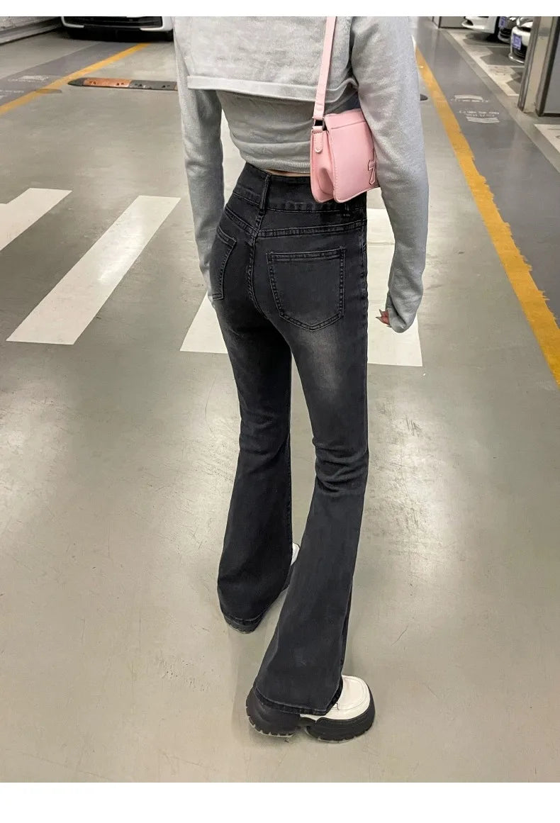Autumn Winter American Sle High Waist Slim Fit Drapey Micro Flared Jeans Women's Premium Denim Pants