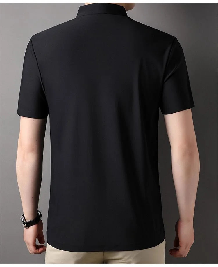 High quality wrinkle resistant ice silk short sleeve t-shirt men's summer Lapel loose casual solid color top high-end polo men