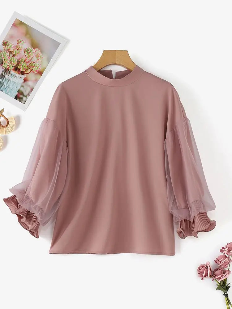 Women Elegant Party Blouse Chic Mesh Ruffle 3/4 Sleeve Tops 2025 Autumn Designer Stand Collar Shirts Korean Loose Tunics