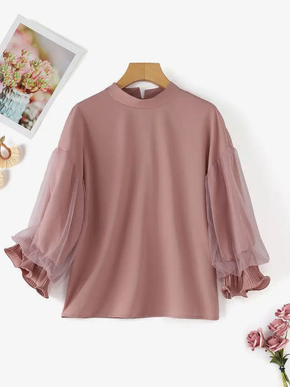 Women Elegant Party Blouse Chic Mesh Ruffle 3/4 Sleeve Tops 2025 Autumn Designer Stand Collar Shirts Korean Loose Tunics