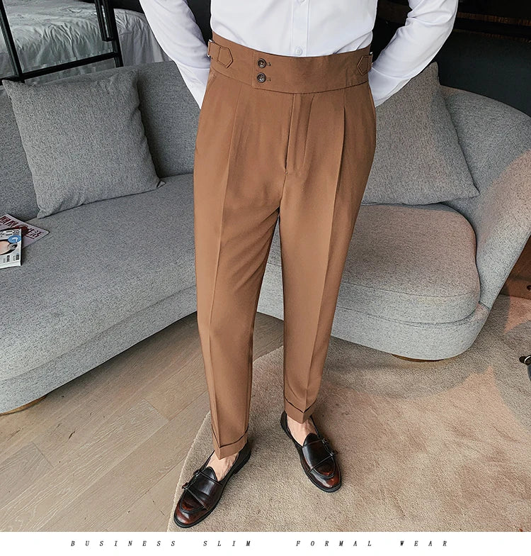 Men British Style Suits Pants New Male Solid High Waist Trousers High Quality Men Formal Slim Fit Business Casual Suit Pants