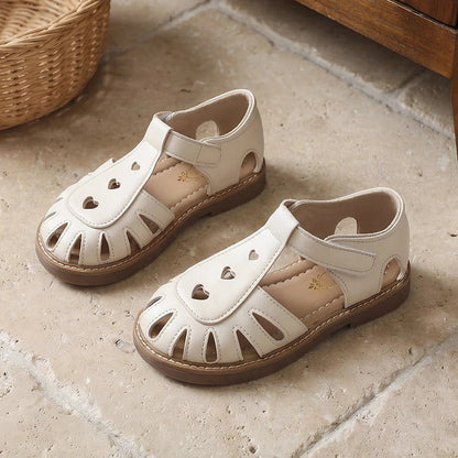 Summer Girl's Sandals Heart Hollow Out T-strap Versatile Kids Casual Shoes With Velcro Cover Toe Fashion Children Sandal 26-36