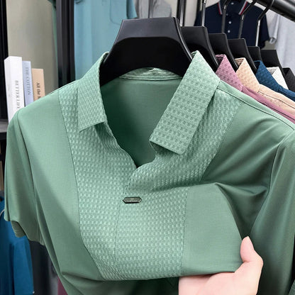 Personality jacquard splicing short sleeve Polo shirt men ice silk breathable high quality fashionable buttonless V-neck T-shirt