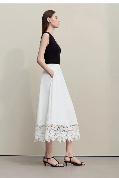 Women's Skirt 2026 Summer New Elastic Waist Cutout Lace Hem Midi Casual Loose Fit Floral Trim Skirt For Women 12622106