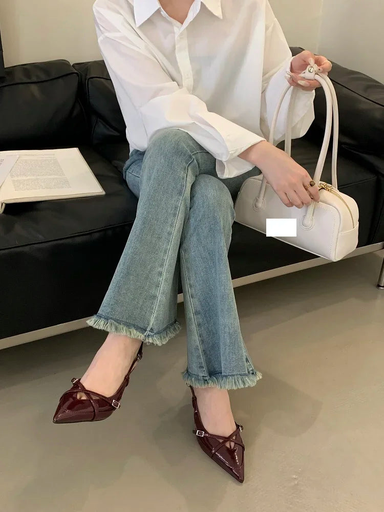 Sexy Street Style Buckle Strap Women Pumps Elegant Pointed Toe Thin Low Heels Slingback Banquet Party Shoes
