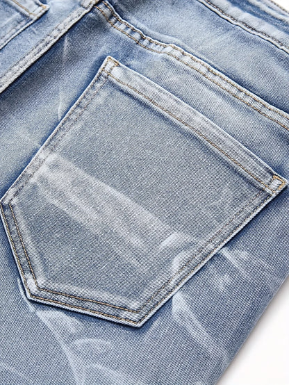 Men‘s Stretchy Denim Jeans Streetwear Tearing Patchwork Holes Ripped Denim Elastic Waist Casual Pants Slim fit Straight Trousers