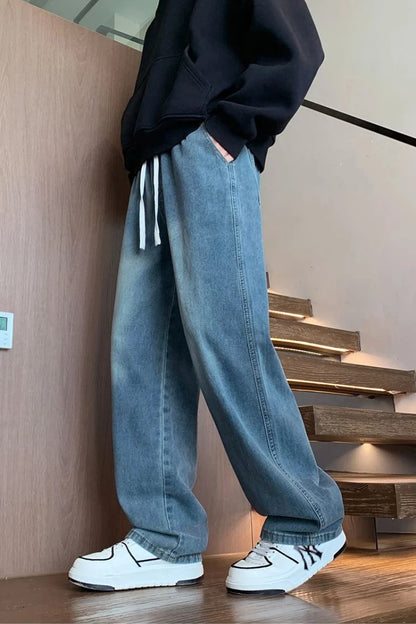 Calças masculinas casuais, calças retas soltas, primavera verão, nova moda, jeans masculinos de cintura alta com pernas largas