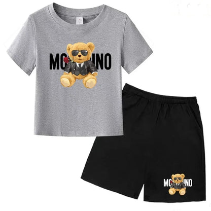 Boys Girls Summer Casual 2Pcs Set Lovely Bear Letter Print T-shirt & Shorts Comfortable Sports Running Suit