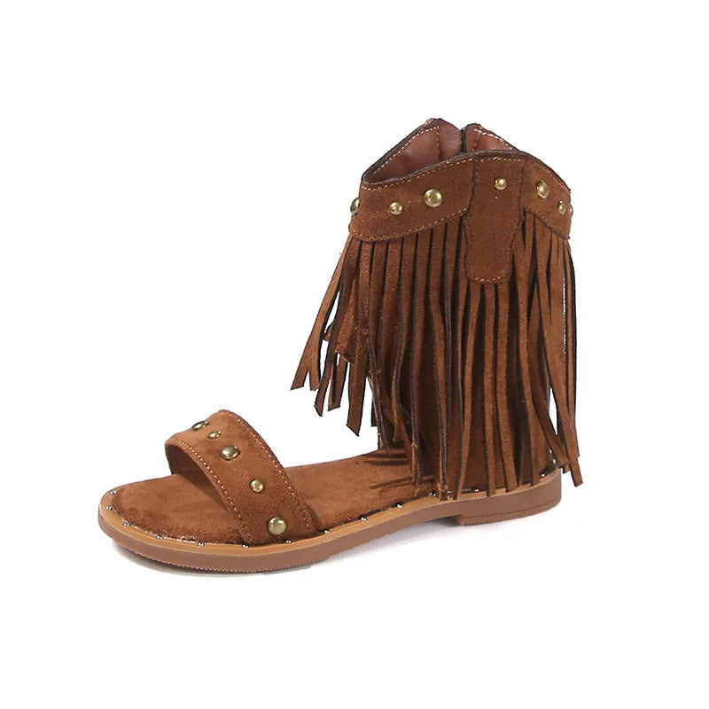 One-strap Summer Roman Shoes for Girls Tassel Rivets High-top Sandals Little Girl Soft Sole Bohemian Dress Shoes Child I06133